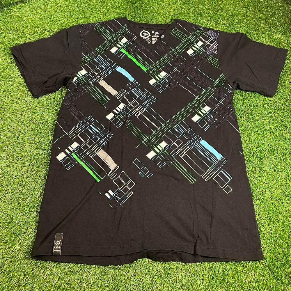 LRG V-neck black and green cyber Y2K graphic tee men's size L